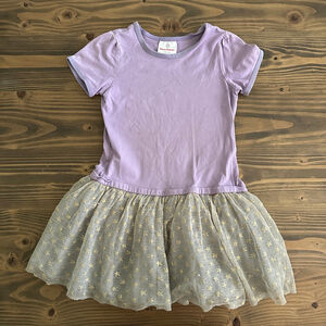 Hanna Andersson Kids Dress Lavender/Gray Gold Star Tulle Skirt Cotton Size 110